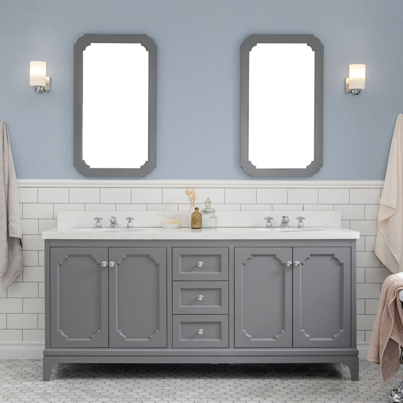 Water Creation Queen 72" Double Sink Quartz Carrara Vanity in Cashmere Grey with Matching Mirror(s) and F2-0009-01-BX Lavatory Faucet(s) VQU072QCCG05 - Model Bath