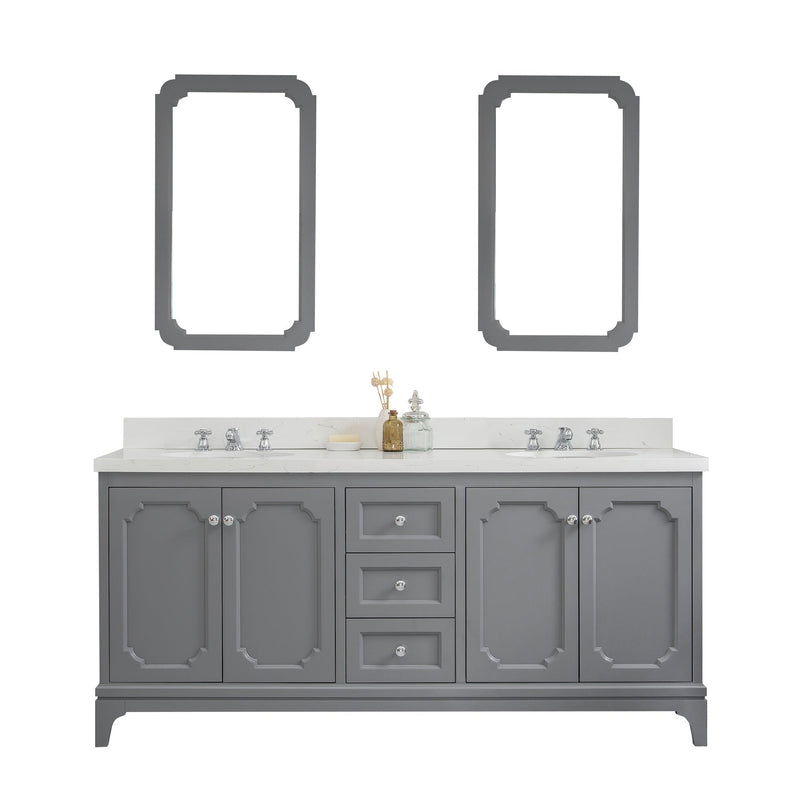 Water Creation Queen 72" Double Sink Quartz Carrara Vanity in Cashmere Grey with Matching Mirror(s) and F2-0009-01-BX Lavatory Faucet(s) VQU072QCCG05 - Model Bath