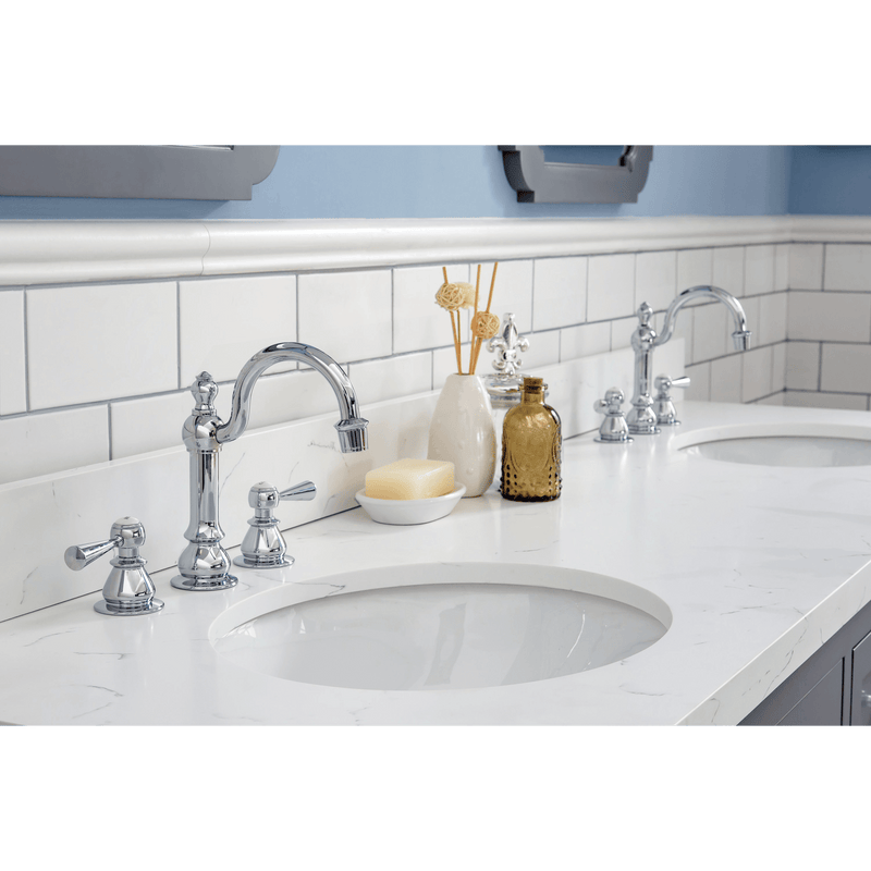 Water Creation Queen 72" Double Sink Quartz Carrara Vanity in Cashmere Grey with Matching Mirror(s) and F2-0012-01-TL Lavatory Faucet(s) VQU072QCCG45 - Model Bath