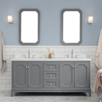 Water Creation Queen 72" Double Sink Quartz Carrara Vanity in Cashmere Grey with Matching Mirror(s) and F2-0012-01-TL Lavatory Faucet(s) VQU072QCCG45 - Model Bath