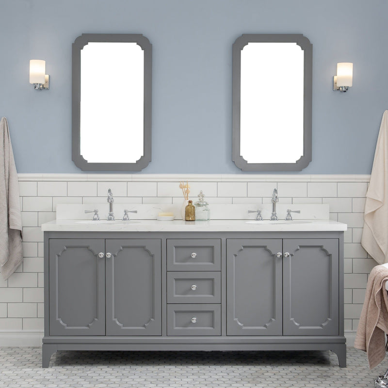 Water Creation Queen 72" Double Sink Quartz Carrara Vanity in Cashmere Grey with Matching Mirror(s) and F2-0012-01-TL Lavatory Faucet(s) VQU072QCCG45 - Model Bath