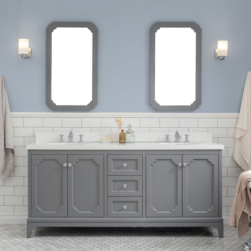 Water Creation Queen 72" Double Sink Quartz Carrara Vanity in Cashmere Grey with Matching Mirror(s) and F2-0013-01-FX Lavatory Faucet(s) VQU072QCCG70 - Model Bath
