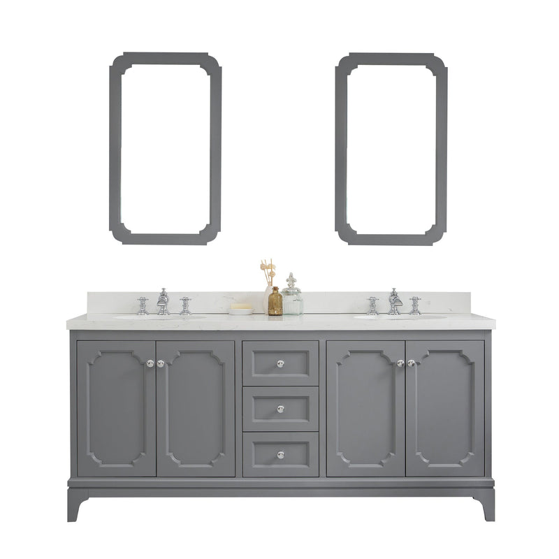 Water Creation Queen 72" Double Sink Quartz Carrara Vanity in Cashmere Grey with Matching Mirror(s) and F2-0013-01-FX Lavatory Faucet(s) VQU072QCCG70 - Model Bath