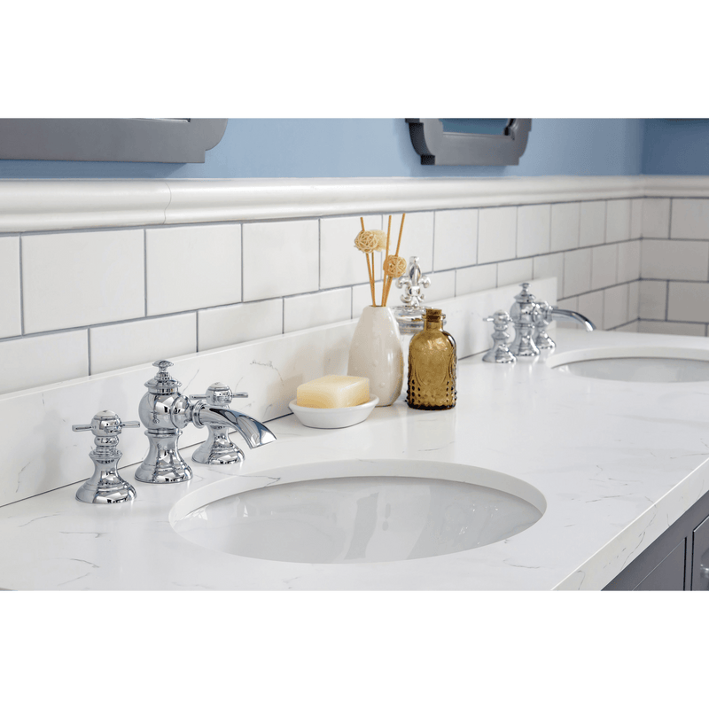 Water Creation Queen 72" Double Sink Quartz Carrara Vanity in Cashmere Grey with Matching Mirror(s) and F2-0013-01-FX Lavatory Faucet(s) VQU072QCCG70 - Model Bath