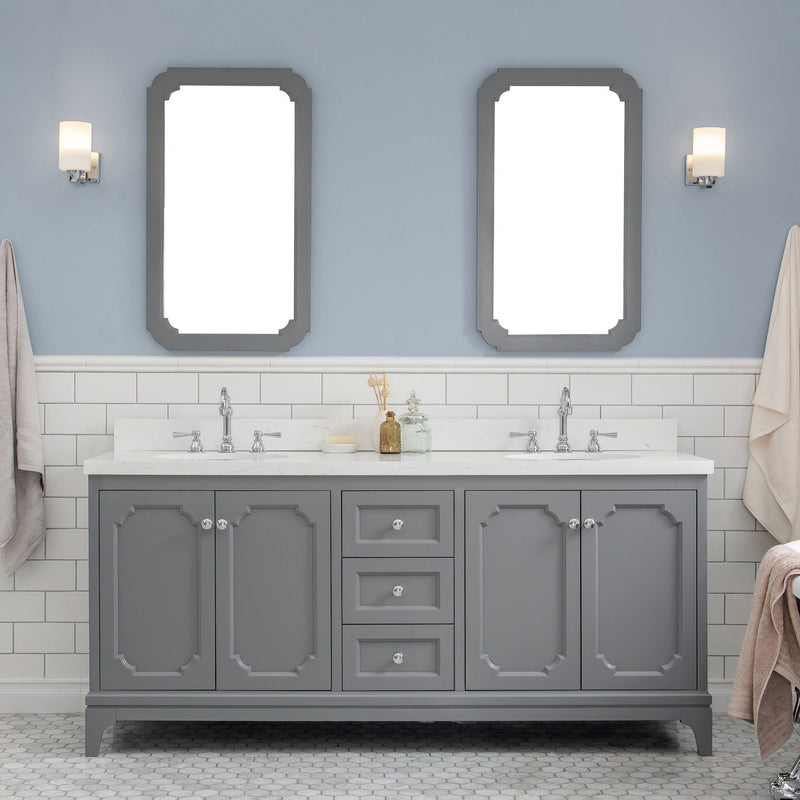 Water Creation Queen 72" Double Sink Quartz Carrara Vanity in Cashmere Grey with Matching Mirror(s) VQU072QCCG04 - Model Bath