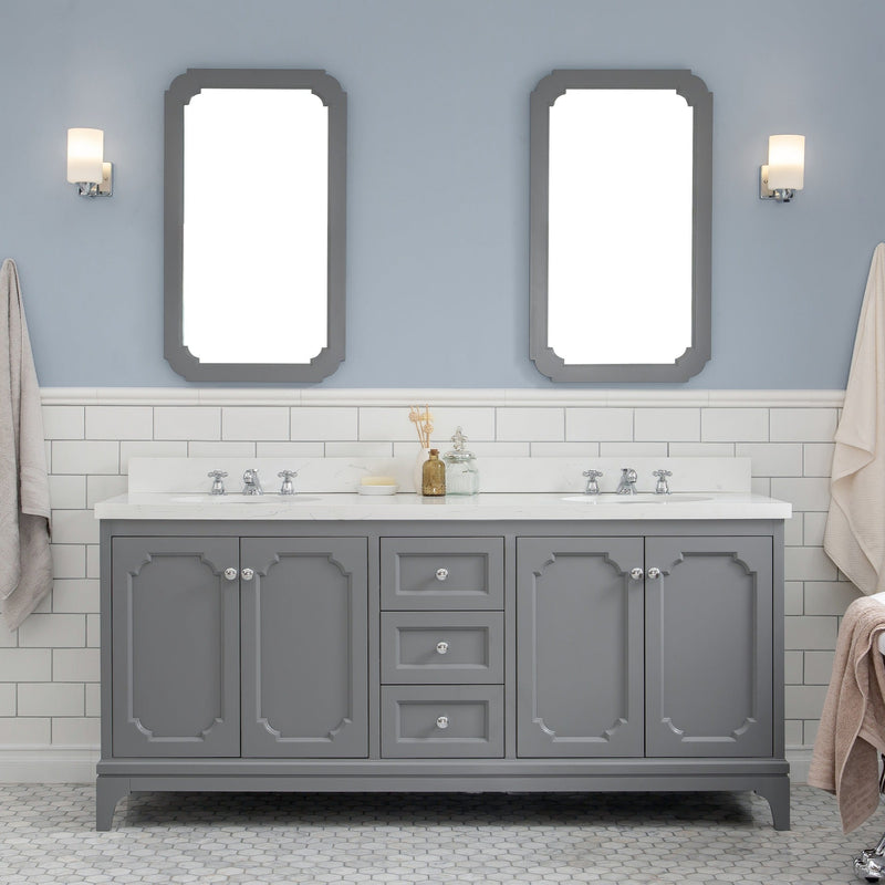 Water Creation Queen 72" Double Sink Quartz Carrara Vanity in Cashmere Grey with Matching Mirror(s) VQU072QCCG04 - Model Bath