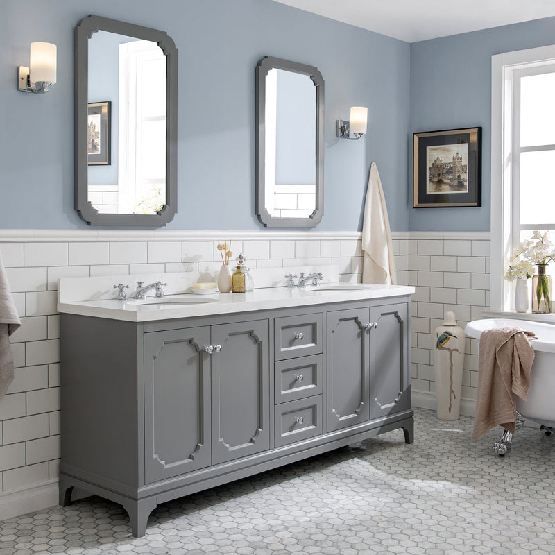 Water Creation Queen 72" Double Sink Quartz Carrara Vanity in Cashmere Grey with Matching Mirror(s) VQU072QCCG04 - Model Bath