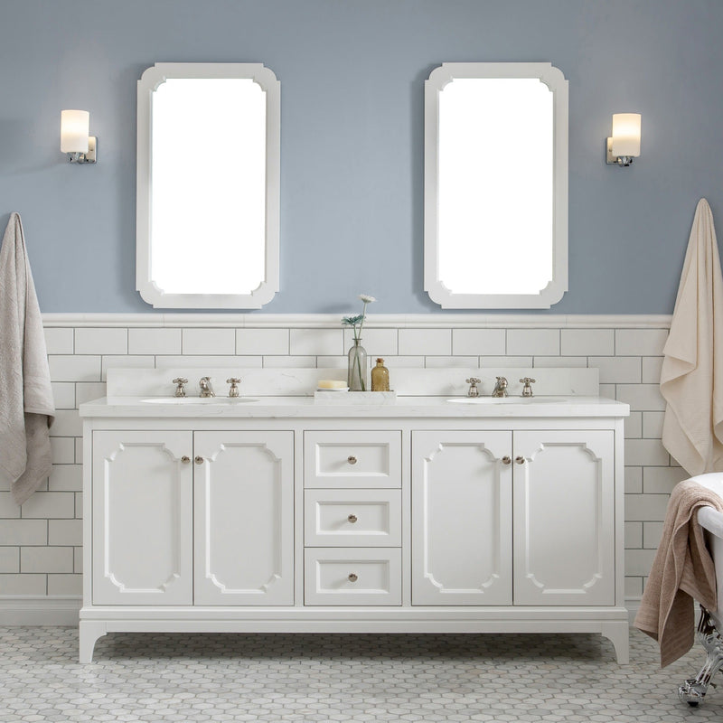 Water Creation Queen 72" Double Sink Quartz Carrara Vanity in Pure White with F2-0009-05-BX Lavatory Faucet(s) VQU072QCPW52 - Model Bath