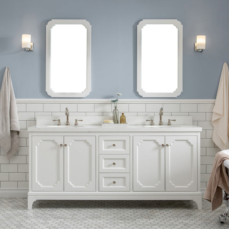 Water Creation Queen 72" Double Sink Quartz Carrara Vanity in Pure White with F2-0012-05-TL Lavatory Faucet(s) VQU072QCPW57 - Model Bath