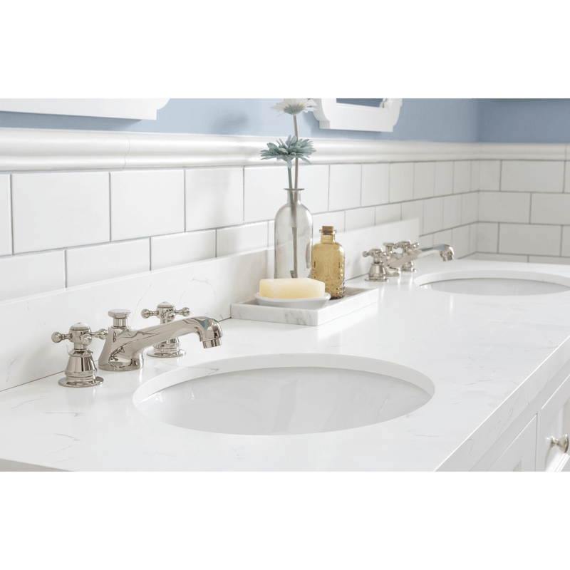 Water Creation Queen 72" Double Sink Quartz Carrara Vanity in Pure White with Matching Mirror(s) and F2-0009-05-BX Lavatory Faucet(s) VQU072QCPW50 - Model Bath