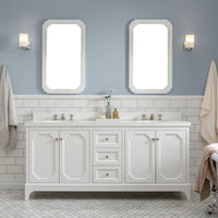 Water Creation Queen 72" Double Sink Quartz Carrara Vanity in Pure White with Matching Mirror(s) and F2-0009-05-BX Lavatory Faucet(s) VQU072QCPW50 - Model Bath