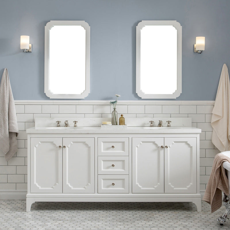 Water Creation Queen 72" Double Sink Quartz Carrara Vanity in Pure White with Matching Mirror(s) and F2-0009-05-BX Lavatory Faucet(s) VQU072QCPW50 - Model Bath