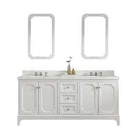 Water Creation Queen 72" Double Sink Quartz Carrara Vanity in Pure White with Matching Mirror(s) and F2-0009-05-BX Lavatory Faucet(s) VQU072QCPW50 - Model Bath