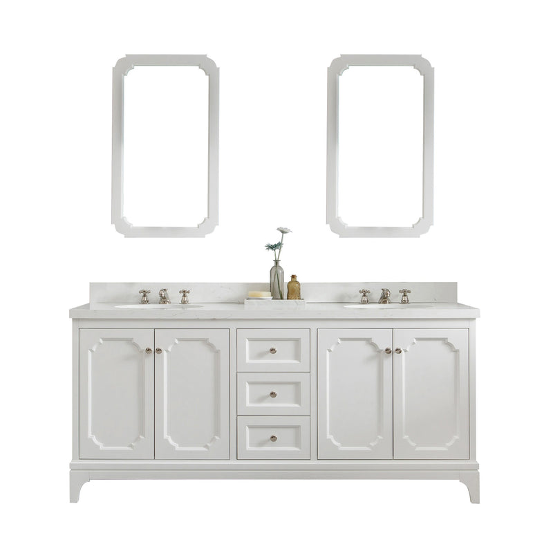 Water Creation Queen 72" Double Sink Quartz Carrara Vanity in Pure White with Matching Mirror(s) and F2-0009-05-BX Lavatory Faucet(s) VQU072QCPW50 - Model Bath
