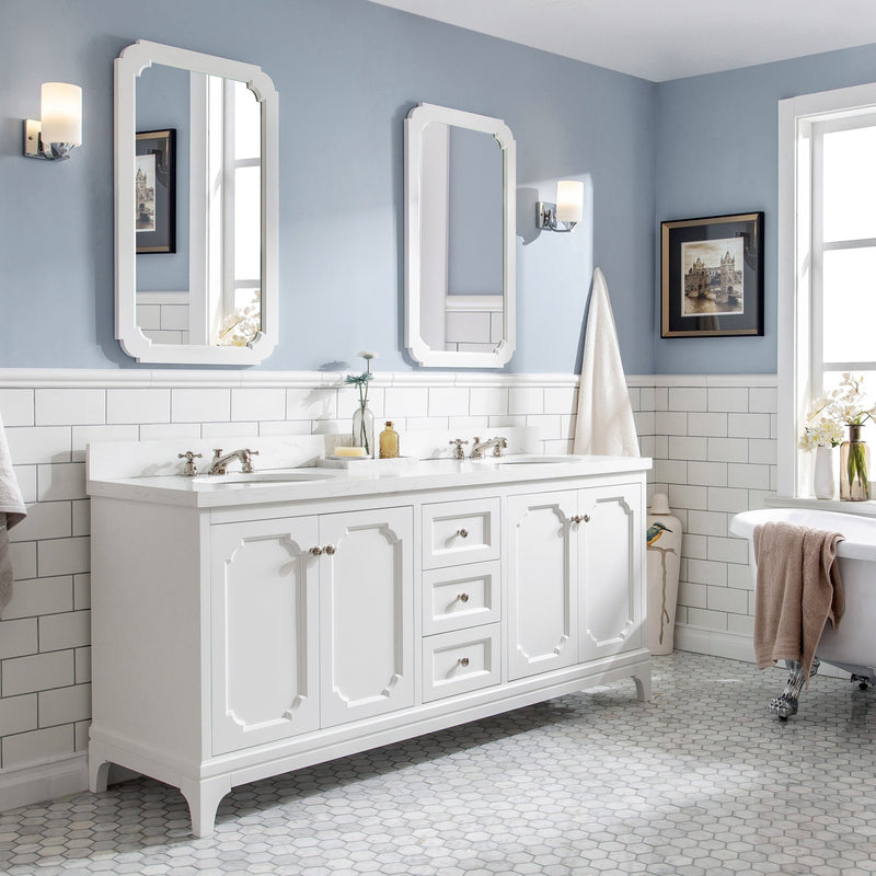 Water Creation Queen 72" Double Sink Quartz Carrara Vanity in Pure White with Matching Mirror(s) and F2-0009-05-BX Lavatory Faucet(s) VQU072QCPW50 - Model Bath