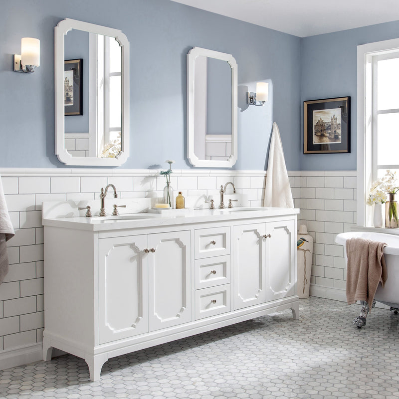 Water Creation Queen 72" Double Sink Quartz Carrara Vanity in Pure White with Matching Mirror(s) and F2-0012-05-TL Lavatory Faucet(s) VQU072QCPW55 - Model Bath