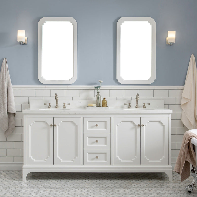 Water Creation Queen 72" Double Sink Quartz Carrara Vanity in Pure White with Matching Mirror(s) and F2-0012-05-TL Lavatory Faucet(s) VQU072QCPW55 - Model Bath