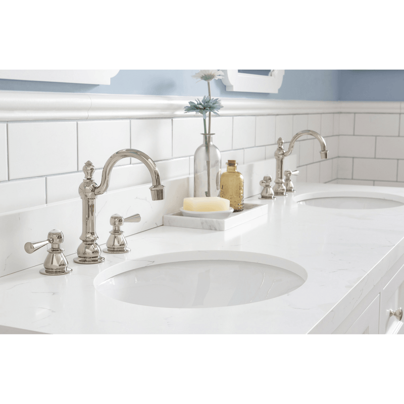 Water Creation Queen 72" Double Sink Quartz Carrara Vanity in Pure White with Matching Mirror(s) and F2-0012-05-TL Lavatory Faucet(s) VQU072QCPW55 - Model Bath