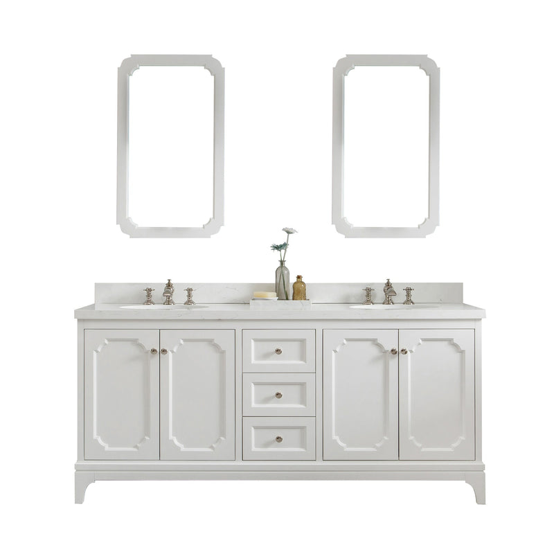 Water Creation Queen 72" Double Sink Quartz Carrara Vanity in Pure White with Matching Mirror(s) and F2-0013-05-FX Lavatory Faucet(s) VQU072QCPW60 - Model Bath