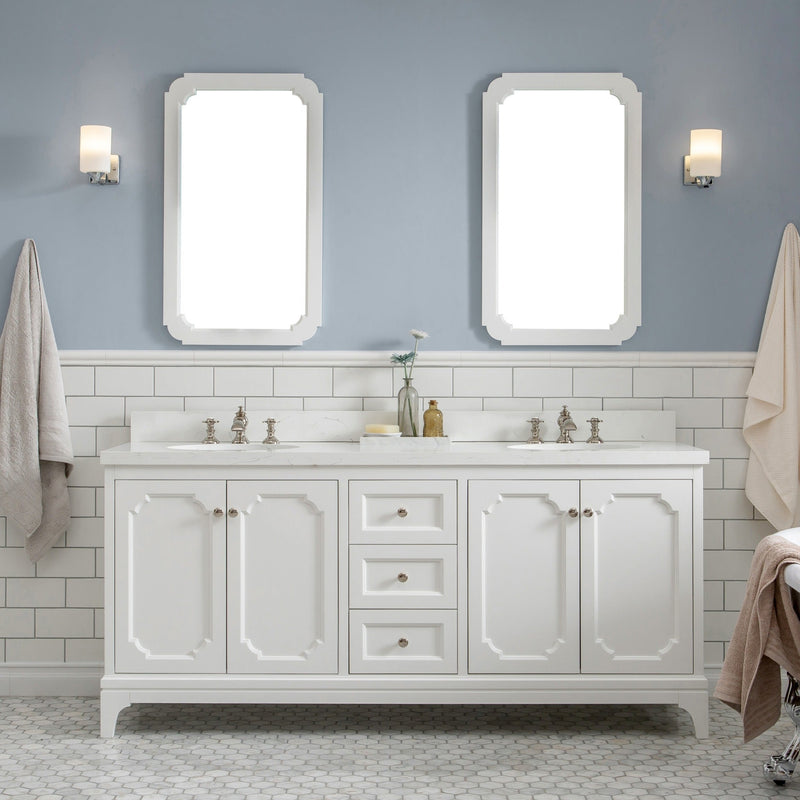 Water Creation Queen 72" Double Sink Quartz Carrara Vanity in Pure White with Matching Mirror(s) and F2-0013-05-FX Lavatory Faucet(s) VQU072QCPW60 - Model Bath