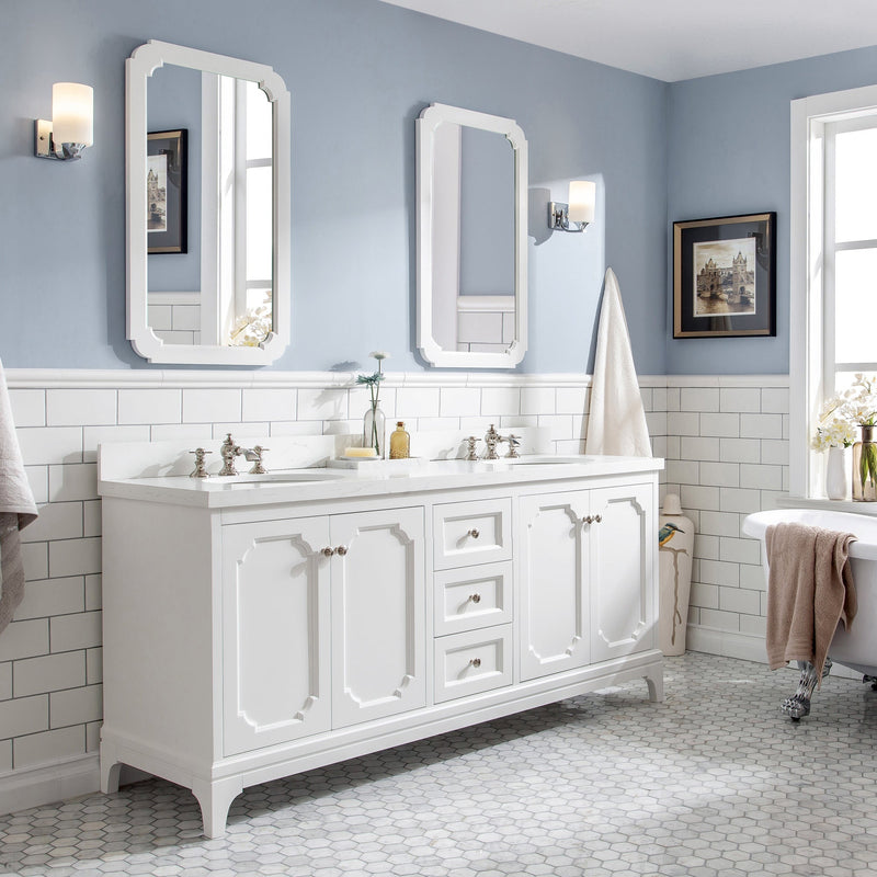 Water Creation Queen 72" Double Sink Quartz Carrara Vanity in Pure White with Matching Mirror(s) and F2-0013-05-FX Lavatory Faucet(s) VQU072QCPW60 - Model Bath
