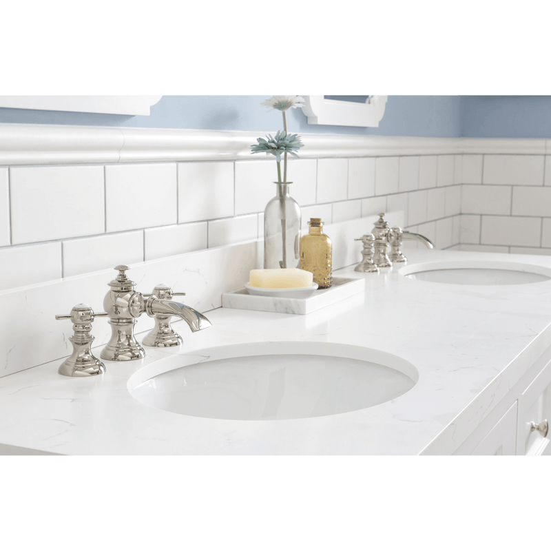 Water Creation Queen 72" Double Sink Quartz Carrara Vanity in Pure White with Matching Mirror(s) and F2-0013-05-FX Lavatory Faucet(s) VQU072QCPW60 - Model Bath