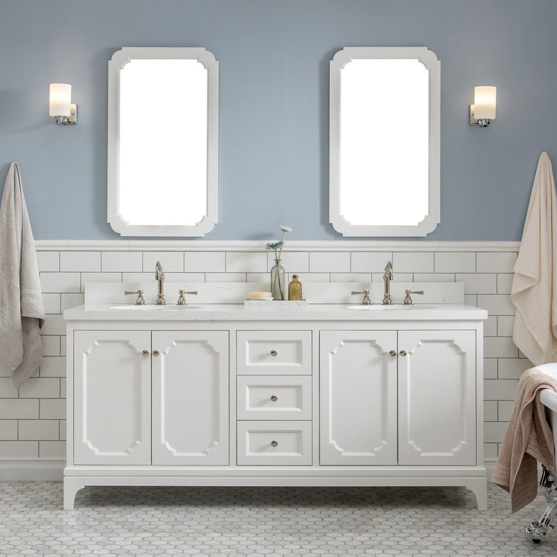 Water Creation Queen 72" Double Sink Quartz Carrara Vanity in Pure White with Matching Mirror(s) VQU072QCPW04 - Model Bath