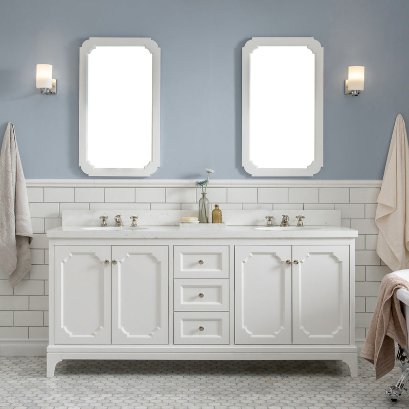 Water Creation Queen 72" Double Sink Quartz Carrara Vanity in Pure White with Matching Mirror(s) VQU072QCPW04 - Model Bath