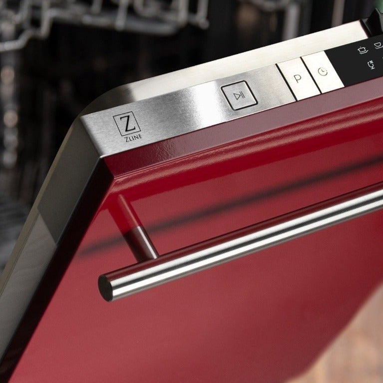 ZLINE 24" Top Control Dishwasher in Red Gloss with Stainless Steel Tub and Modern Style Handle DW-RG-H-24 - Model Bath