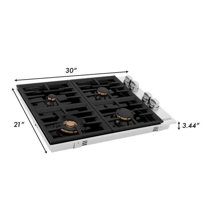 ZLINE 30" Dropin Cooktop with 4 Gas Brass Burners and Black Porcelain Top (RC-BR-30-PBT) - Model Bath
