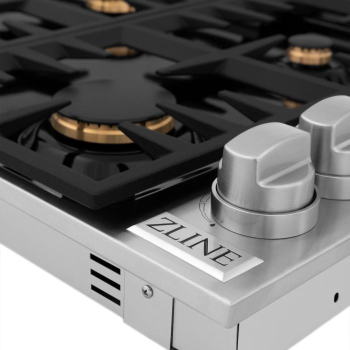 ZLINE 36" Dropin Cooktop with 6 Gas Brass Burners and Black Porcelain Top (RC-BR-36-PBT) - Model Bath