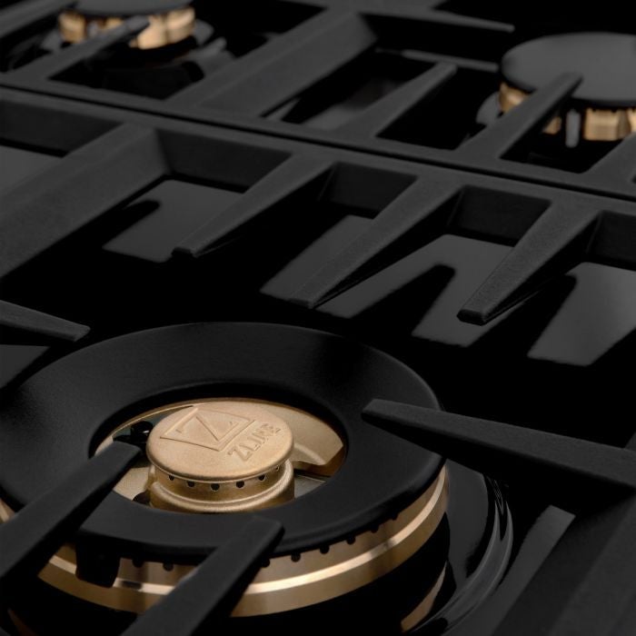 ZLINE 36" Dropin Cooktop with 6 Gas Brass Burners and Black Porcelain Top (RC-BR-36-PBT) - Model Bath