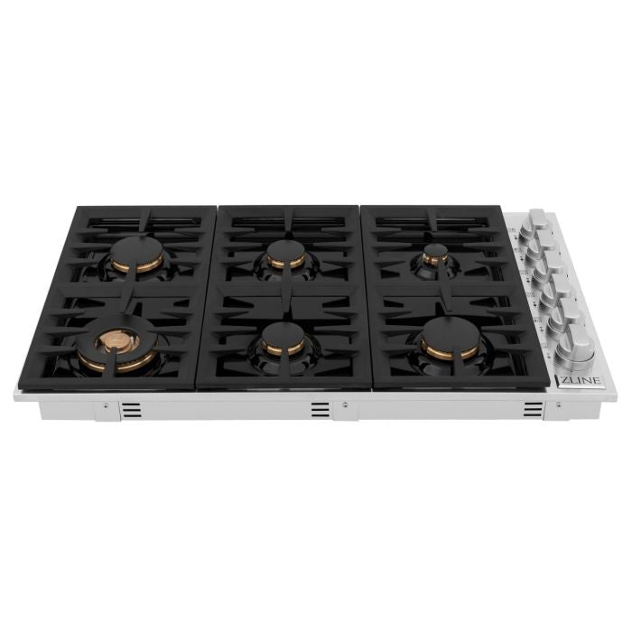 ZLINE 36" Dropin Cooktop with 6 Gas Brass Burners and Black Porcelain Top (RC-BR-36-PBT) - Model Bath