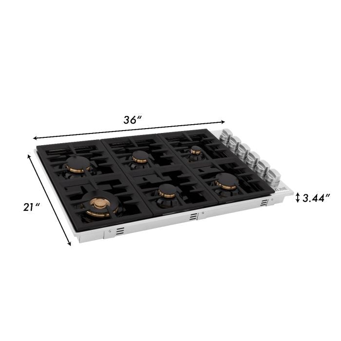 ZLINE 36" Dropin Cooktop with 6 Gas Brass Burners and Black Porcelain Top (RC-BR-36-PBT) - Model Bath