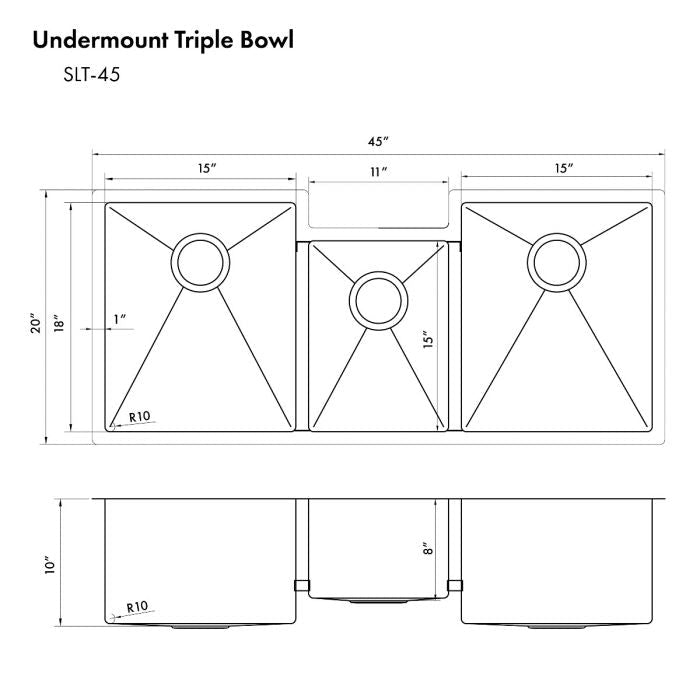 ZLINE Breckenridge 45" Undermount Triple Bowl Sink in Stainless Steel with Accessories (SLT-45) - Model Bath